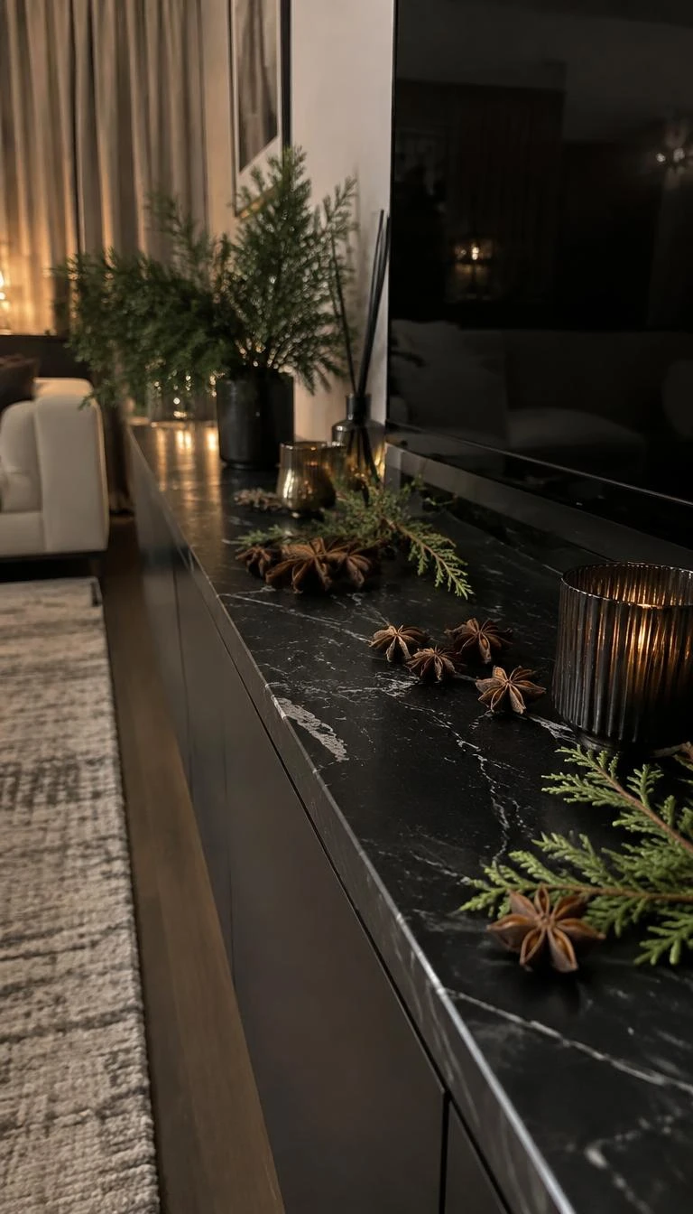 A candid, realistic iPhone photograph of a living room with a black marble TV stand topped with a loose scatter of dried star anise pods and cedar sprigs, moody elegant holiday styling, authentic close perspective.