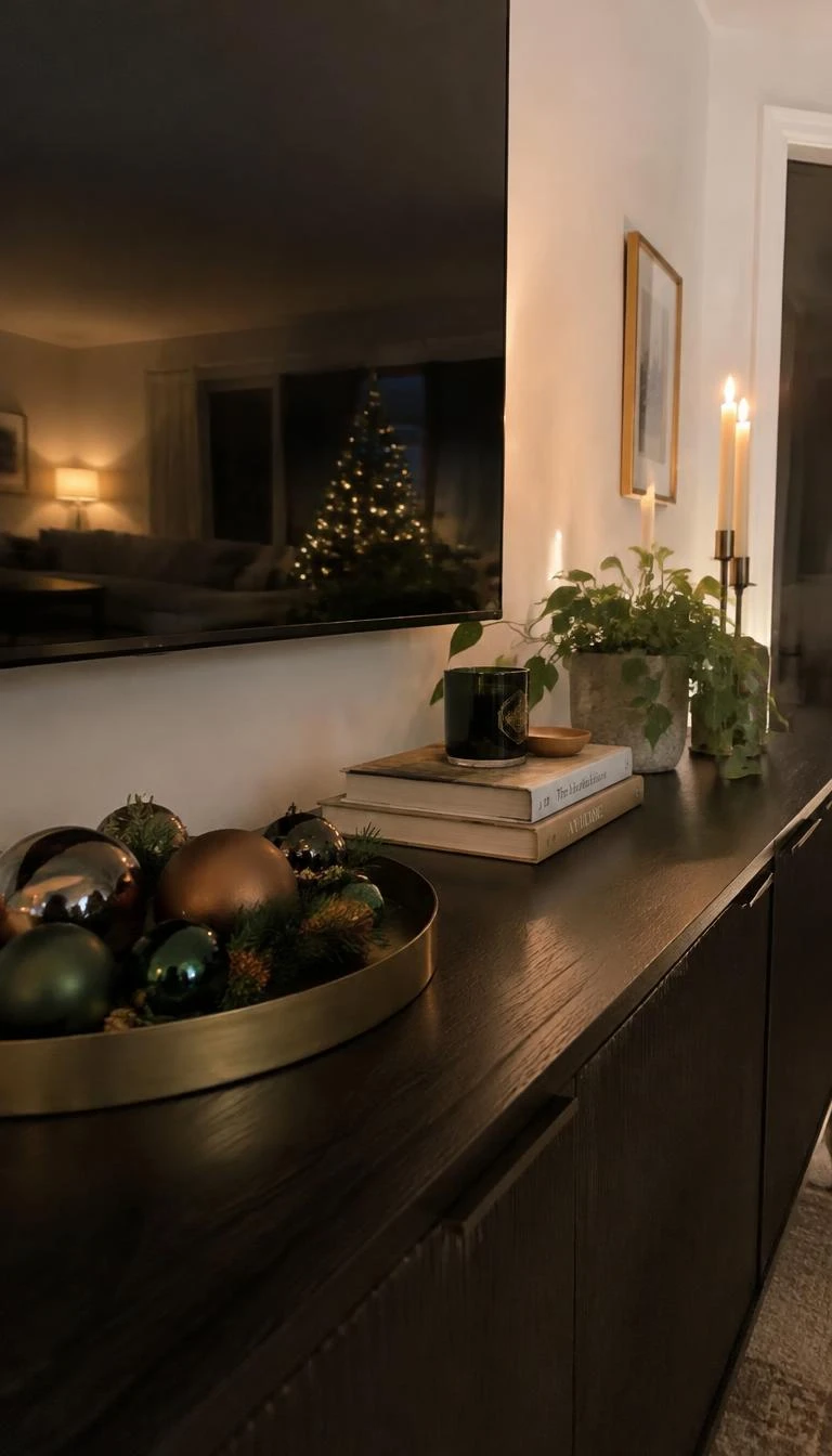 A candid, realistic iPhone photograph of a living room with a TV stand featuring a shallow round antique brass tray holding moss green and matte bronze glass baubles, soft evening interior light, refined cozy holiday styling.