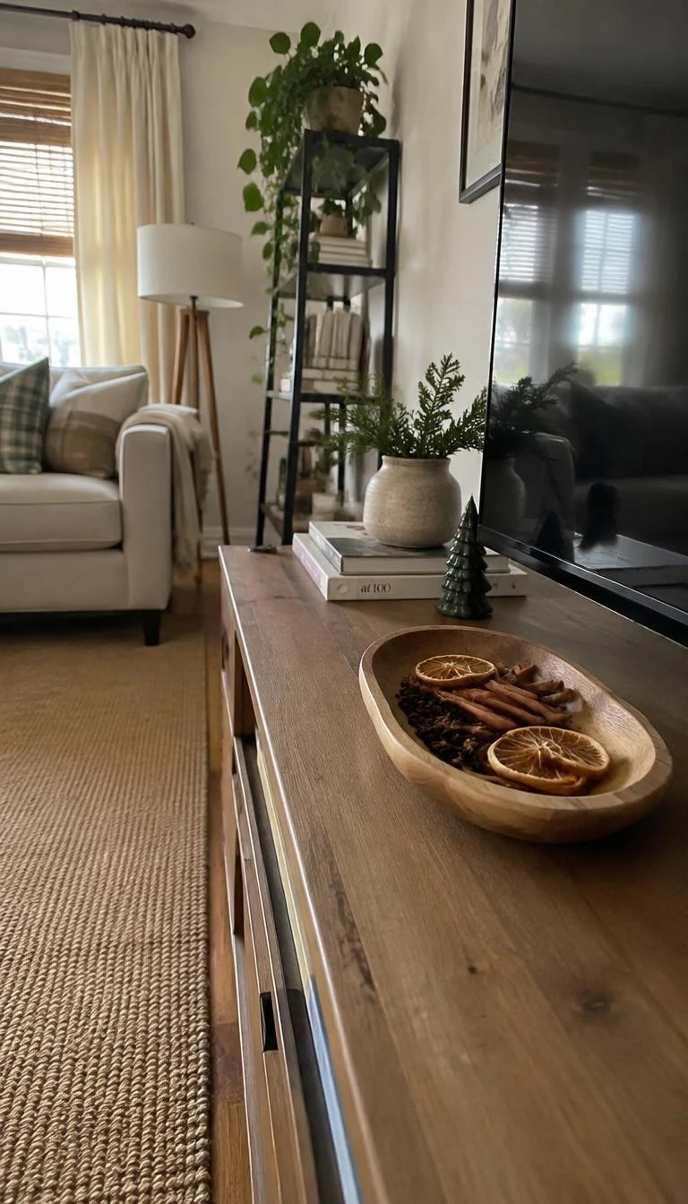 A candid, realistic iPhone photograph of a living room with a TV stand styled with a shallow carved wood bowl containing dried orange slices, whole cinnamon sticks, and cloves, soft daylight, warm neutral living space, authentic cozy detail.
