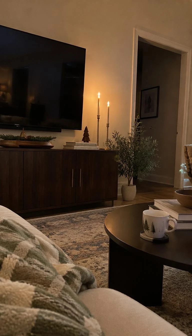 A candid, realistic iPhone photograph of a living room with a TV stand holding slender brass taper holders with warm flickering battery candles, dark wood media cabinet, evening ambiance, soft realistic shadows, cozy winter interior setting.
