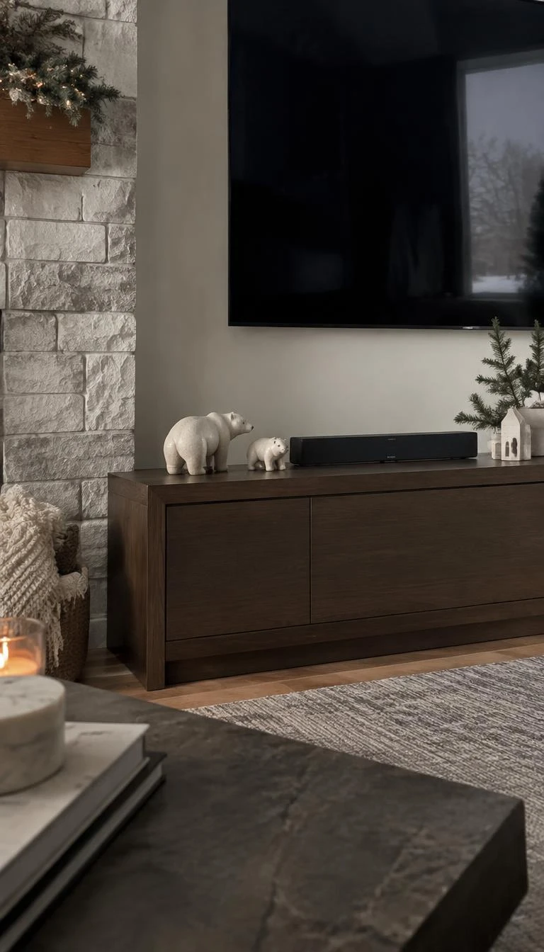 A candid, realistic iPhone photograph of a living room with a TV stand styled with small hand carved soapstone polar bears placed beside a sleek soundbar, muted winter tones, matte stone textures, calm understated holiday decor.
