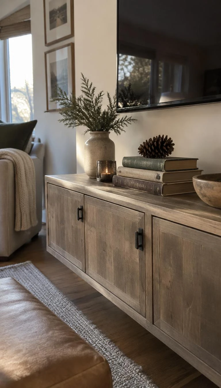 A candid, realistic iPhone photograph of a living room with a TV stand holding a horizontal stack of three aged clothbound books topped with a single sugar pine cone, warm afternoon light, thoughtful understated seasonal styling.