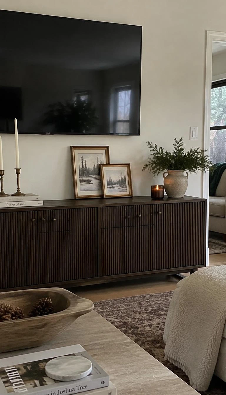 A candid, realistic iPhone photograph of a living room with a TV stand leaning two small thrifted wood framed sketches of snowy forests, gentle natural daylight, textured credenza, cozy winter living room details.