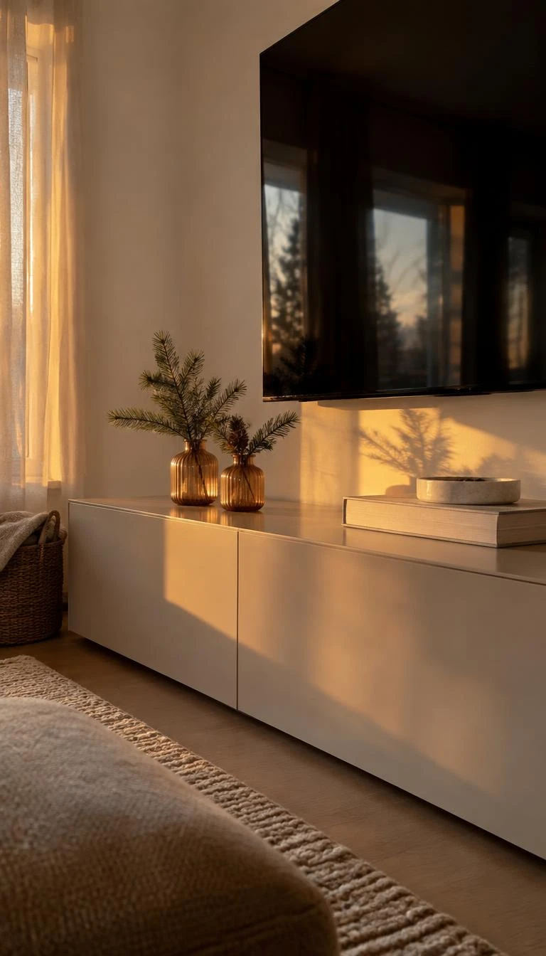 A candid, realistic iPhone photograph of a living room with a TV stand decorated with two small fluted amber glass bud vases holding short pine sprigs, golden hour light, minimal modern decor, warm reflections, realistic home styling.