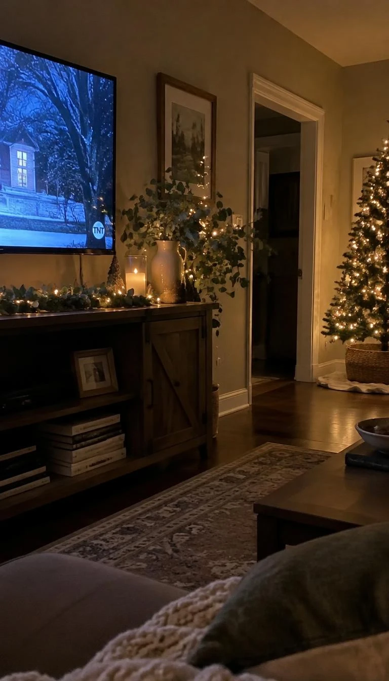 A candid, realistic iPhone photograph of a living room with a TV stand arranged with silver dollar eucalyptus branches threaded with delicate warm micro fairy lights, soft dim room glow, subtle evening mood, authentic holiday scene.