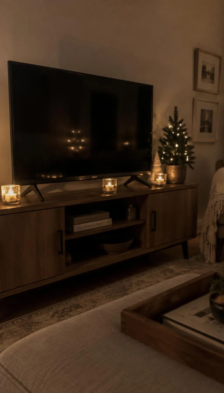 A candid, realistic iPhone photograph of a living room with a TV stand dotted with three small silver mercury glass tea light cups, warm dim light, subtle metallic sparkle, cozy quiet holiday evening setting.