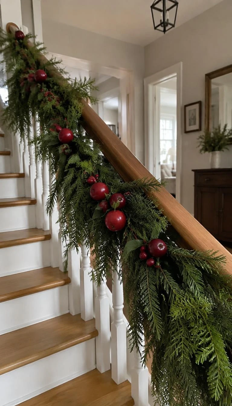 A candid, realistic iPhone photograph of a stair railing wrapped in thick pine garland, small polished red winter apples wired into the greenery, natural wooden banister, cozy interior.