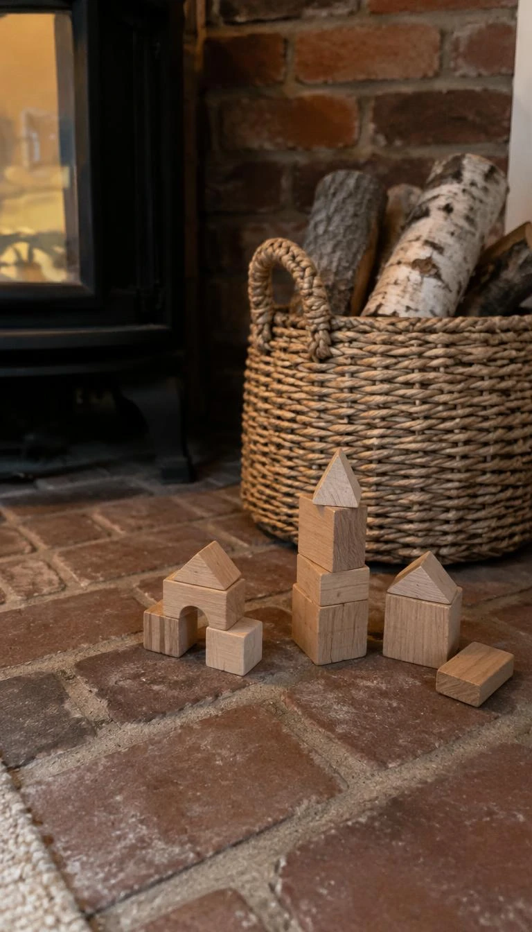 A candid, realistic iPhone photograph of a brick hearth floor, small architectural wooden building blocks stacked into quiet shapes next to a woven basket of birch logs, warm ambient interior.