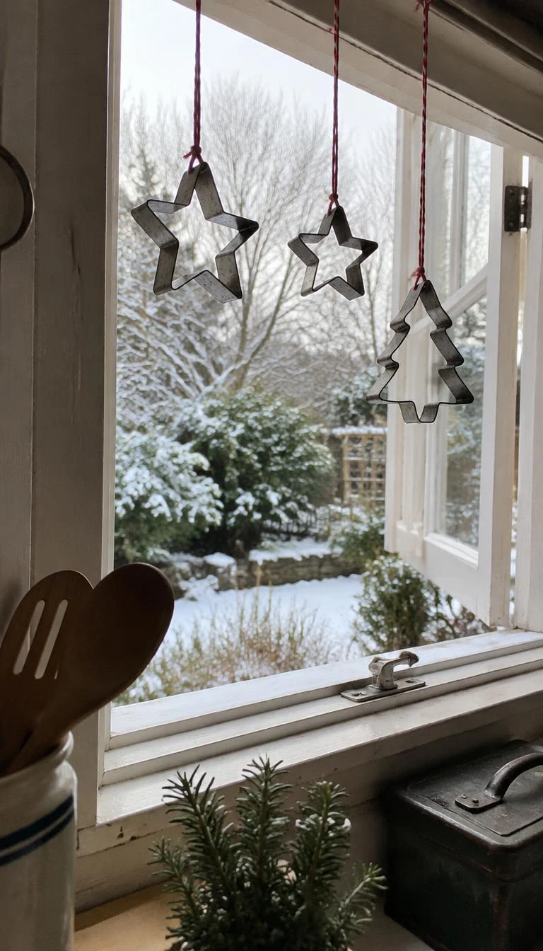 A candid, realistic iPhone photograph of an open kitchen window frame, collection of old tin cookie cutters in star and tree shapes hanging from red and white baker twine, winter garden view outside.