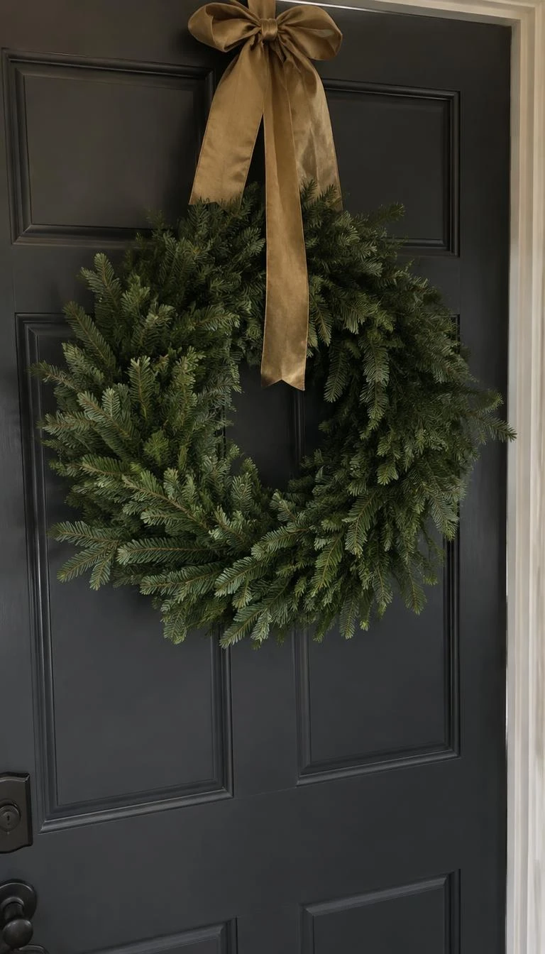 A candid, realistic iPhone photograph of a dark painted interior door, displaying a lush green noble fir wreath hung by a wide antique gold raw silk ribbon tied at the very top.
