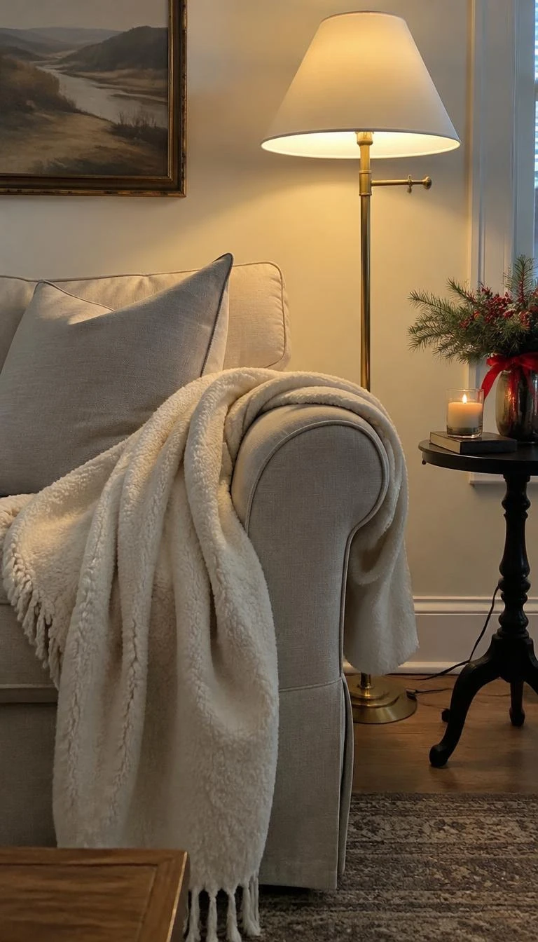 A candid, realistic iPhone photograph of a cozy living room seating area, featuring a heavy cream boiled wool blanket draped over a linen sofa beside a glowing brass floor lamp and small festive side table.