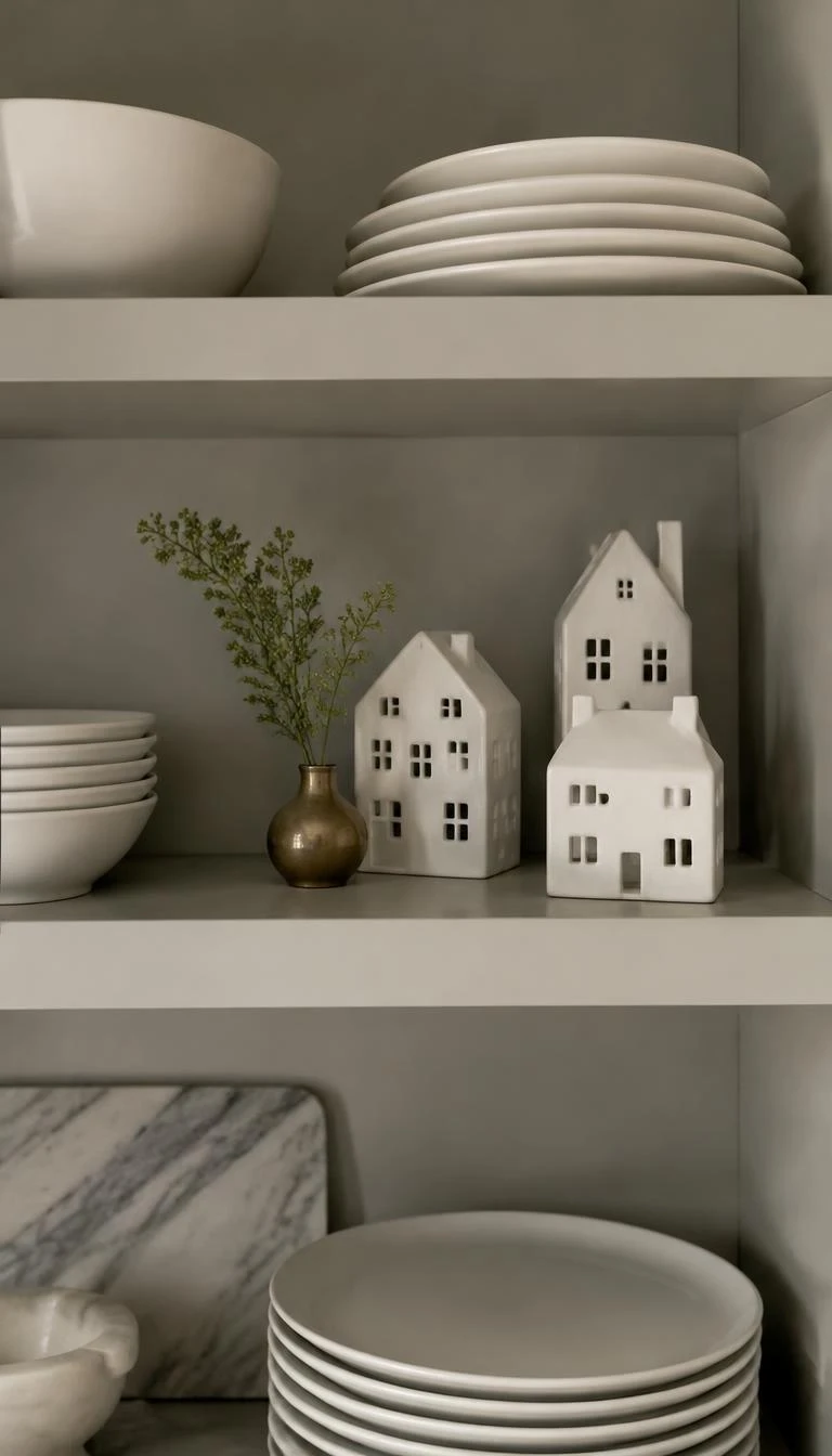 A candid, realistic iPhone photograph of painted kitchen open shelving, showing small matte white ceramic village buildings sitting alongside stacked white plates and a small brass bud vase.