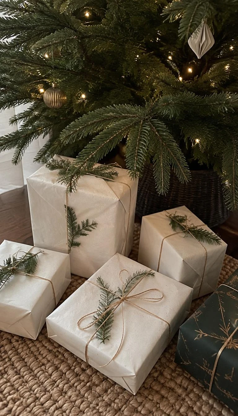 A candid, realistic iPhone photograph of wrapped holiday presents under a spruce tree, off white handmade paper parcels tied with delicate metallic gold cord and fresh rosemary sprigs.