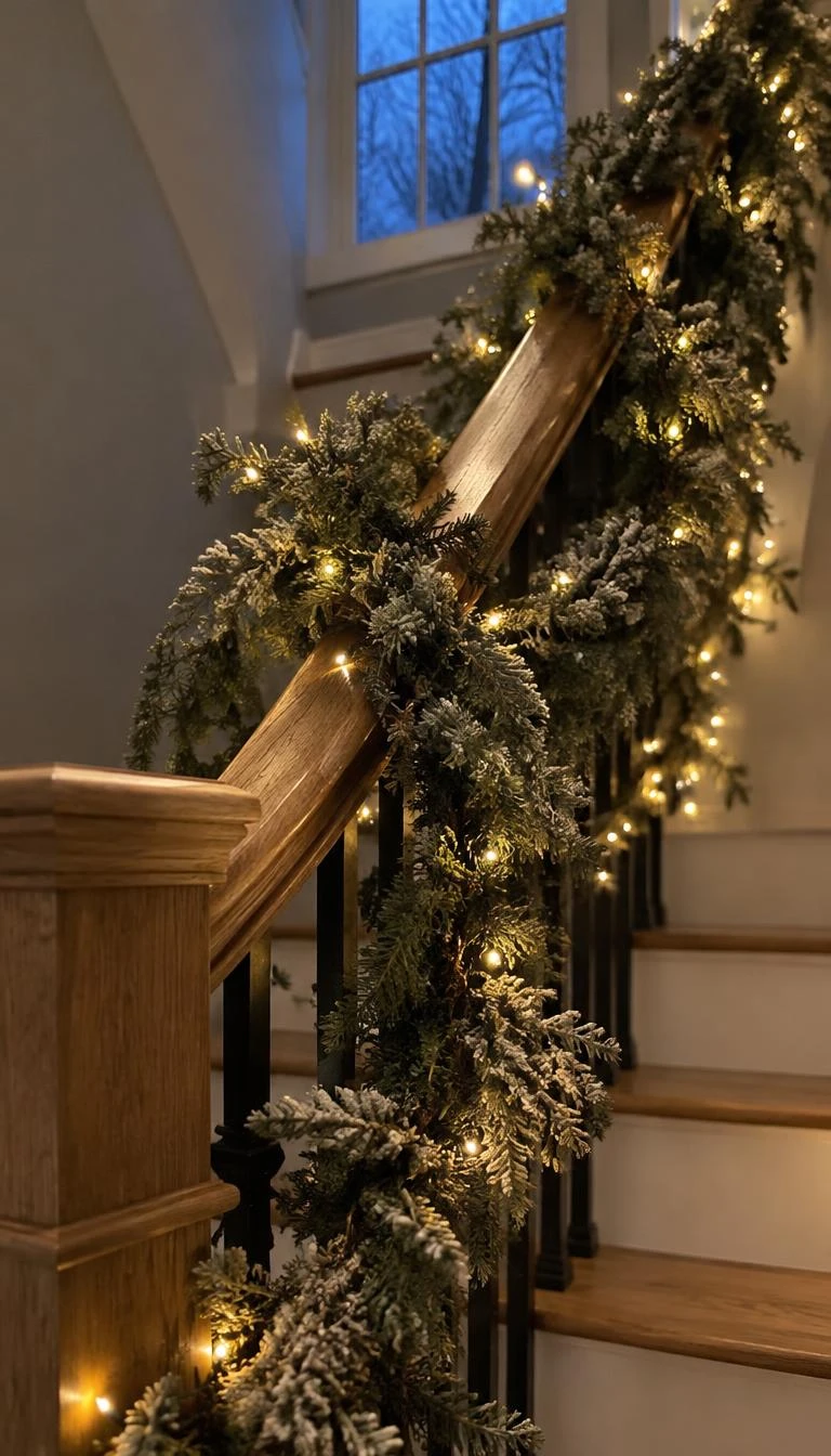 A candid, realistic iPhone photograph of an oak staircase banister, covered in dense cedar garland dusted with faux frost and threaded with tiny warm white micro wire lights at dusk.