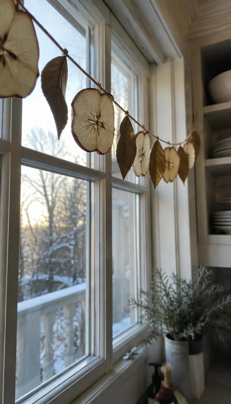 A candid, realistic iPhone photograph of a kitchen window garland, dried cream apple slices strung with gold painted bay leaves on natural string, soft morning winter light coming through glass panes.