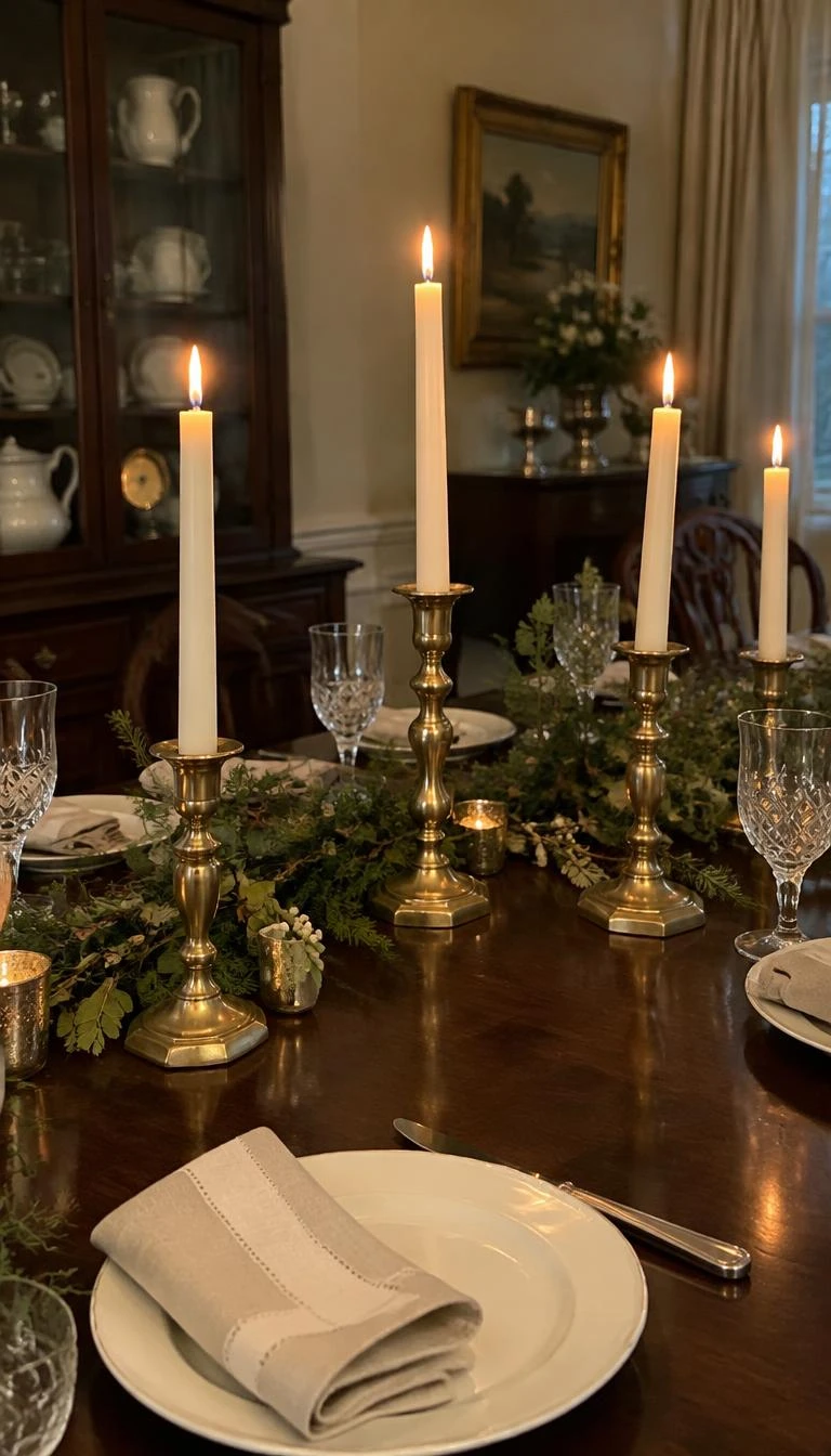 A candid, realistic iPhone photograph of a festive dining room table setting, tall ivory taper candles burning inside mismatched vintage gilt brass candlesticks, flanked by linen napkins and small white plates.