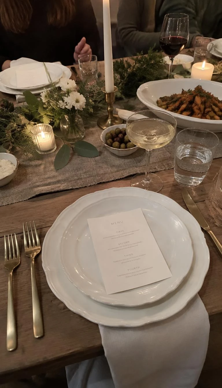 A candid, realistic iPhone photograph of a holiday dinner table, featuring scalloped rim bone china plates paired with satin brass flatware, a natural linen runner, and small white menu cards.