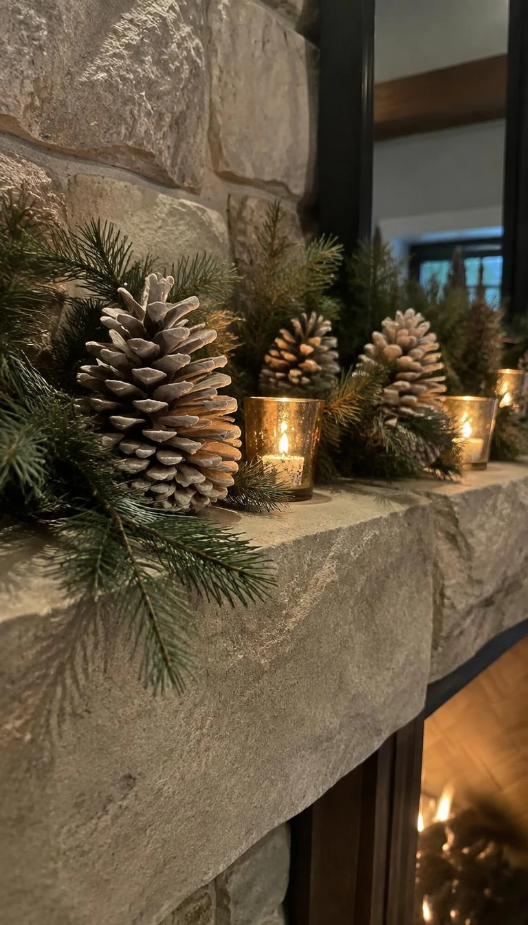 A candid, realistic iPhone photograph of a stone fireplace mantel, showing large pale bleached pinecones nestled into pine boughs alongside slender gold votive cups with burning tea lights.