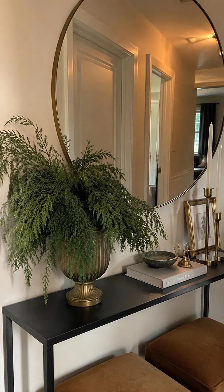 A candid, realistic iPhone photograph of an entryway console table, displaying fresh drooping cedar greenery in a ribbed aged brass urn, positioned beside a round mirror reflecting warm hallway lighting.