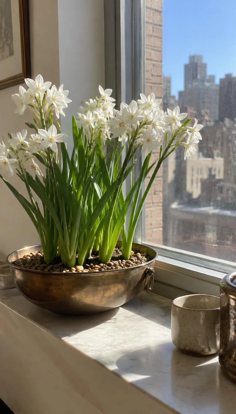 A candid, realistic iPhone photograph of an apartment windowsill, featuring fragrant blooming white paperwhite narcissus growing from gravel inside a shallow weathered brass bowl in bright morning light.