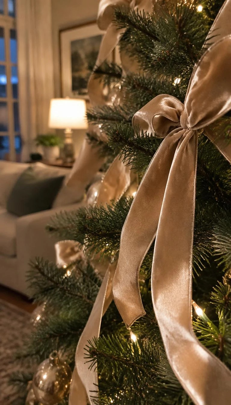 A candid, realistic iPhone photograph of a close up pine tree bough, featuring soft champagne velvet ribbon tied into loose loops, catching warm light from nearby lamps in a calm living room.
