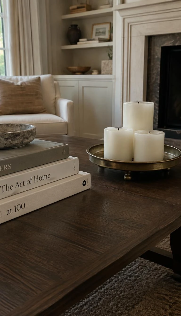 A candid, realistic iPhone photograph of a living room coffee table, showing three chunky white wax pillar candles grouped together on an antique footed brass tray alongside a stack of art books.
