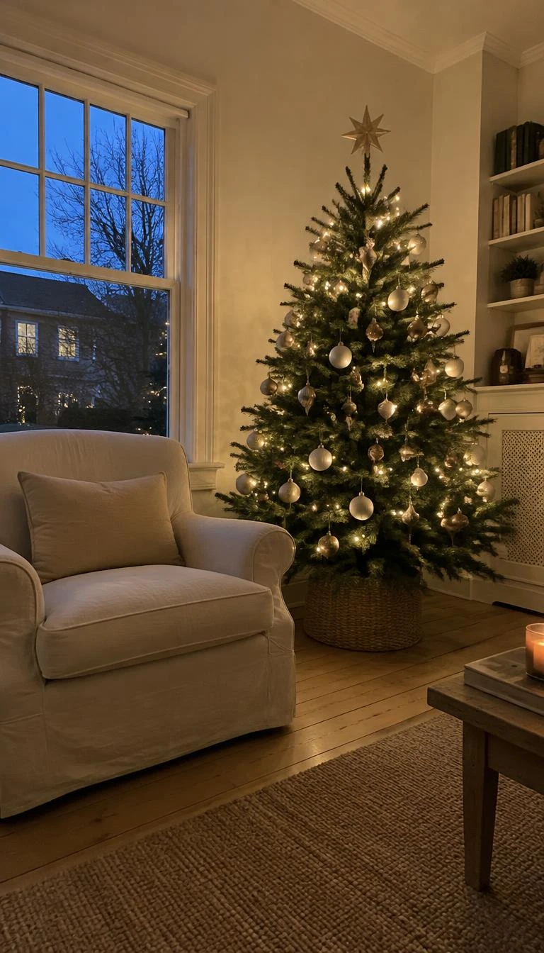 A candid, realistic iPhone photograph of a living room corner at dusk, showing a Christmas tree decorated with matte cream baubles and muted brushed brass ornaments, resting on wide oak floorboards near a soft linen armchair.