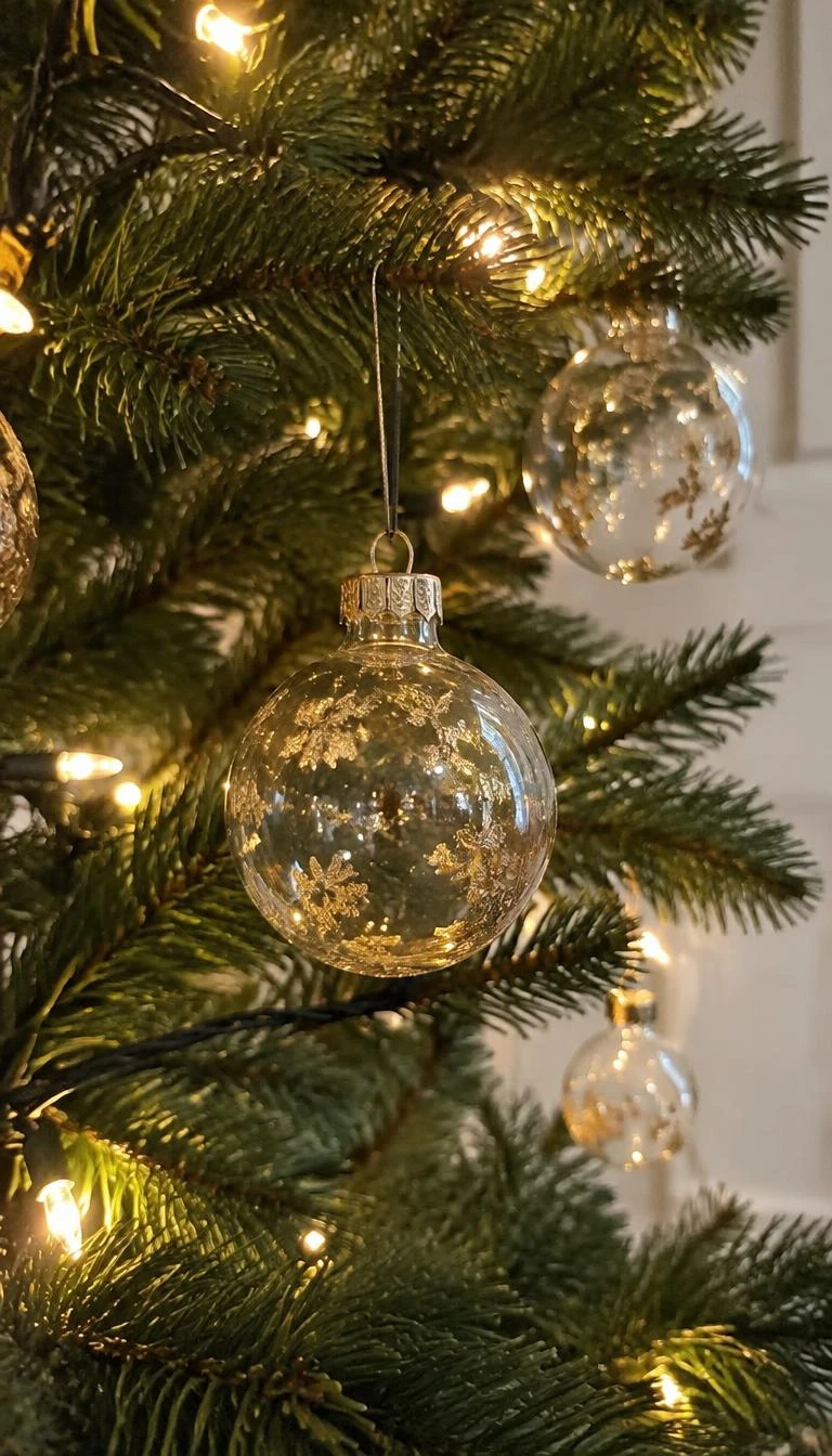 A candid, realistic iPhone photograph of Christmas tree branches, focusing on transparent glass spheres with subtle gold leaf flecks hanging near warm white fairy lights on dense pine needles.