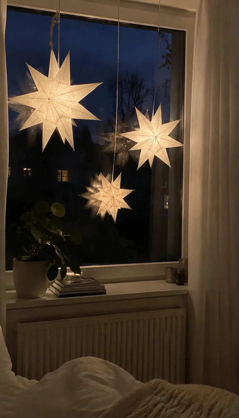 A candid, realistic iPhone photograph of a bedroom window at twilight, three delicate three dimensional white paper stars hanging at staggered heights, glowing gently against dark evening glass.