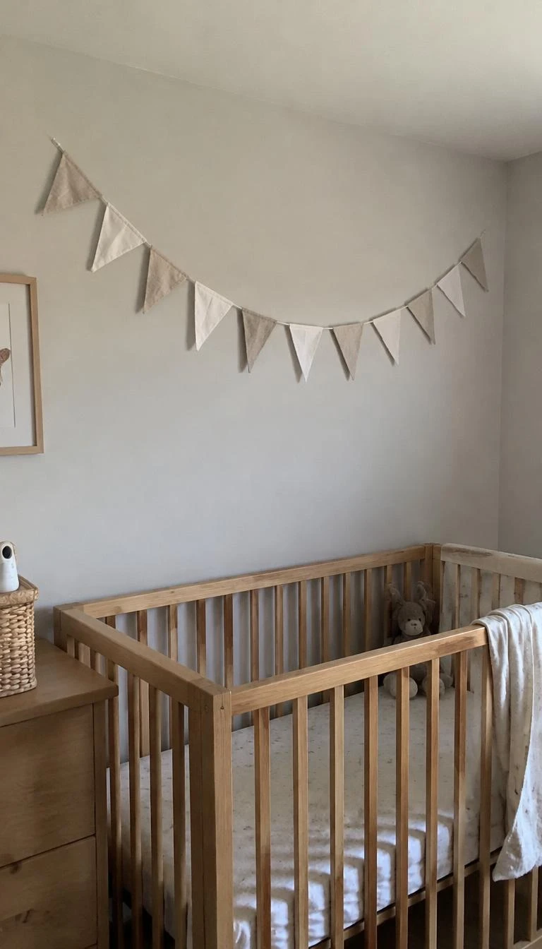 Drape Slubby Linen Bunting Across a Nursery or Bedroom A candid, realistic iPhone photograph of a child's bedroom wall, showing a gentle triangular pennant garland made from raw ecru and white linen hanging above a wooden crib.