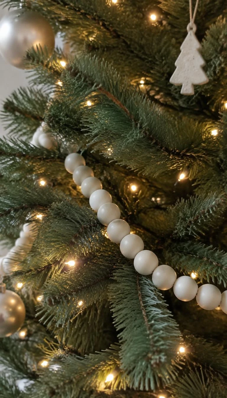 Thread Ceramic Bead Garlands Through Branch Tips A candid, realistic iPhone photograph of a Christmas tree detail, showing a garland of unglazed matte white stoneware clay beads strung along evergreen branches alongside tiny warm fairy lights.