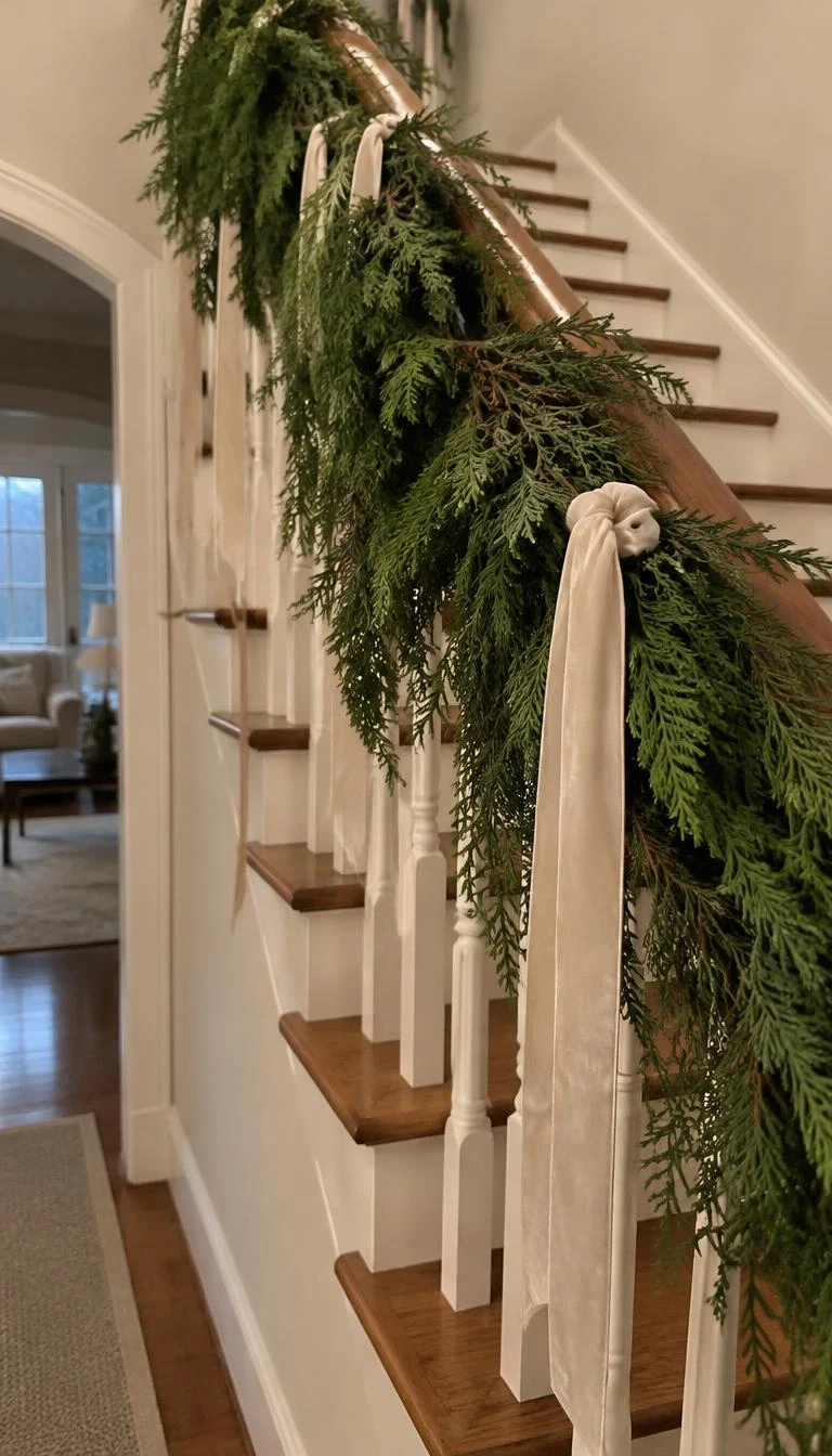 Weave White Velvet Ribbon into Fresh Cedar Garlands A candid, realistic iPhone photograph of an entryway staircase, showing a thick fresh cedar garland draped on a wooden handrail, loosely interwoven with two inch wide matte ivory velvet ribbon hanging in long loose tails.