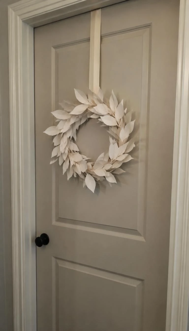 Hang Plain White Cotton Paper Wreaths on Interior Doors A candid, realistic iPhone photograph of a hallway interior door, showing a minimalist wreath constructed from layered cut white cotton cardstock leaves hanging from a cream twill ribbon.