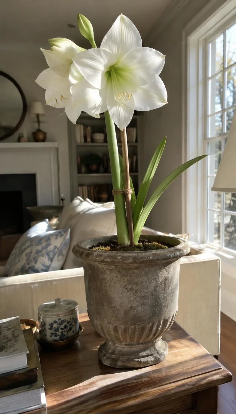 Place Single White Amaryllis Bulbs in Heavy Stone Urns A candid, realistic iPhone photograph of a sunlit living room side table, showing a tall blooming pure white amaryllis flower growing from a weathered concrete urn supported by a simple hazel branch.