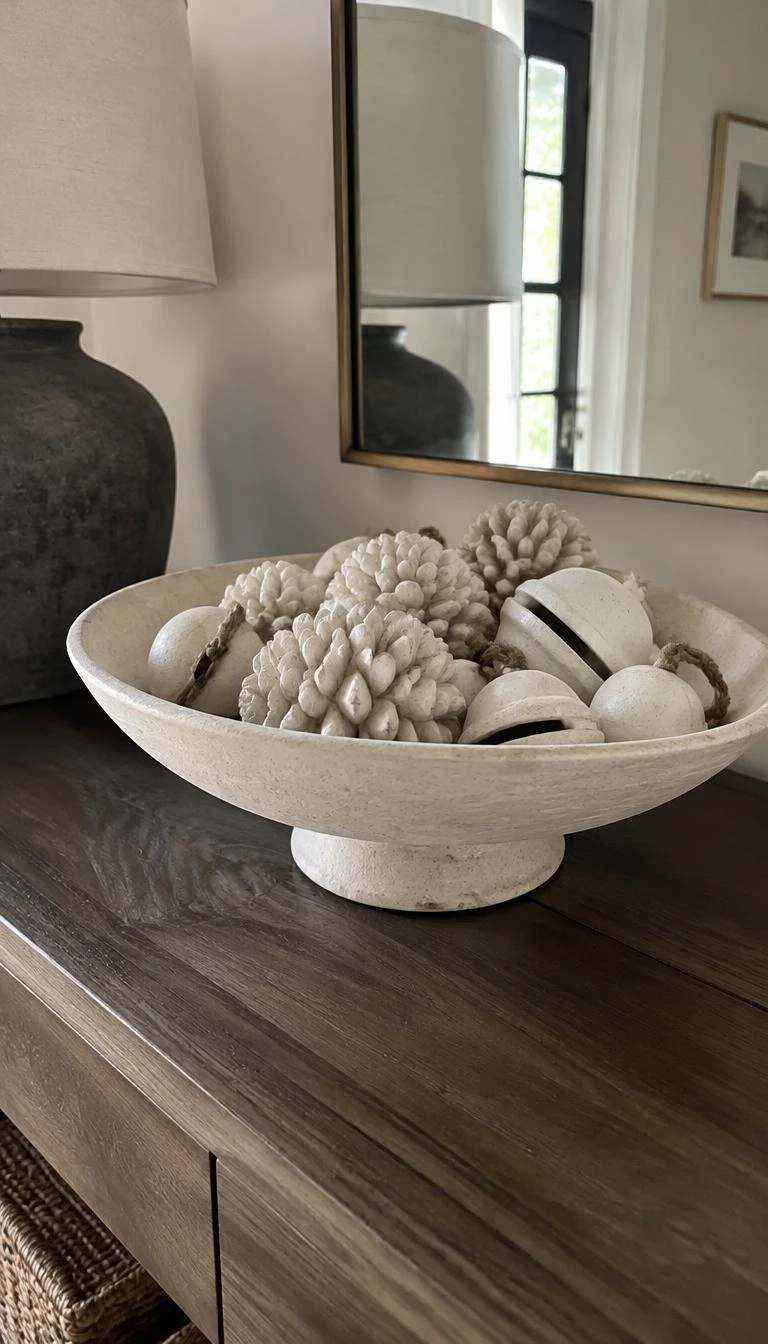 Fill a Wide Footed Bowl with Chalk Plaster Ornaments A candid, realistic iPhone photograph of an entryway console table, showing a wide shallow white travertine footed bowl piled casually with cast plaster pinecones and matte white clay bells.