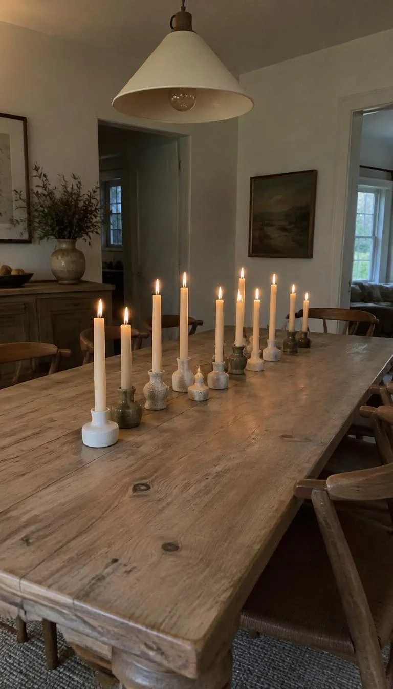 Cluster Cream Beeswax Tapers on an Unadorned Table A candid, realistic iPhone photograph of a dining room table, showing twelve ivory beeswax taper candles standing in mixed stoneware holders running down the center of an untreated wooden farmhouse table.