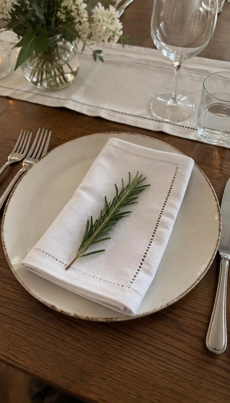 Set Tables with Raw Cream Stoneware and Crisp Hemstitch Napkins A candid, realistic iPhone photograph of a dining room place setting, showing a rough rimmed ivory stoneware plate topped with a folded white linen hemstitch napkin, a sprig of rosemary, and brushed nickel cutlery.