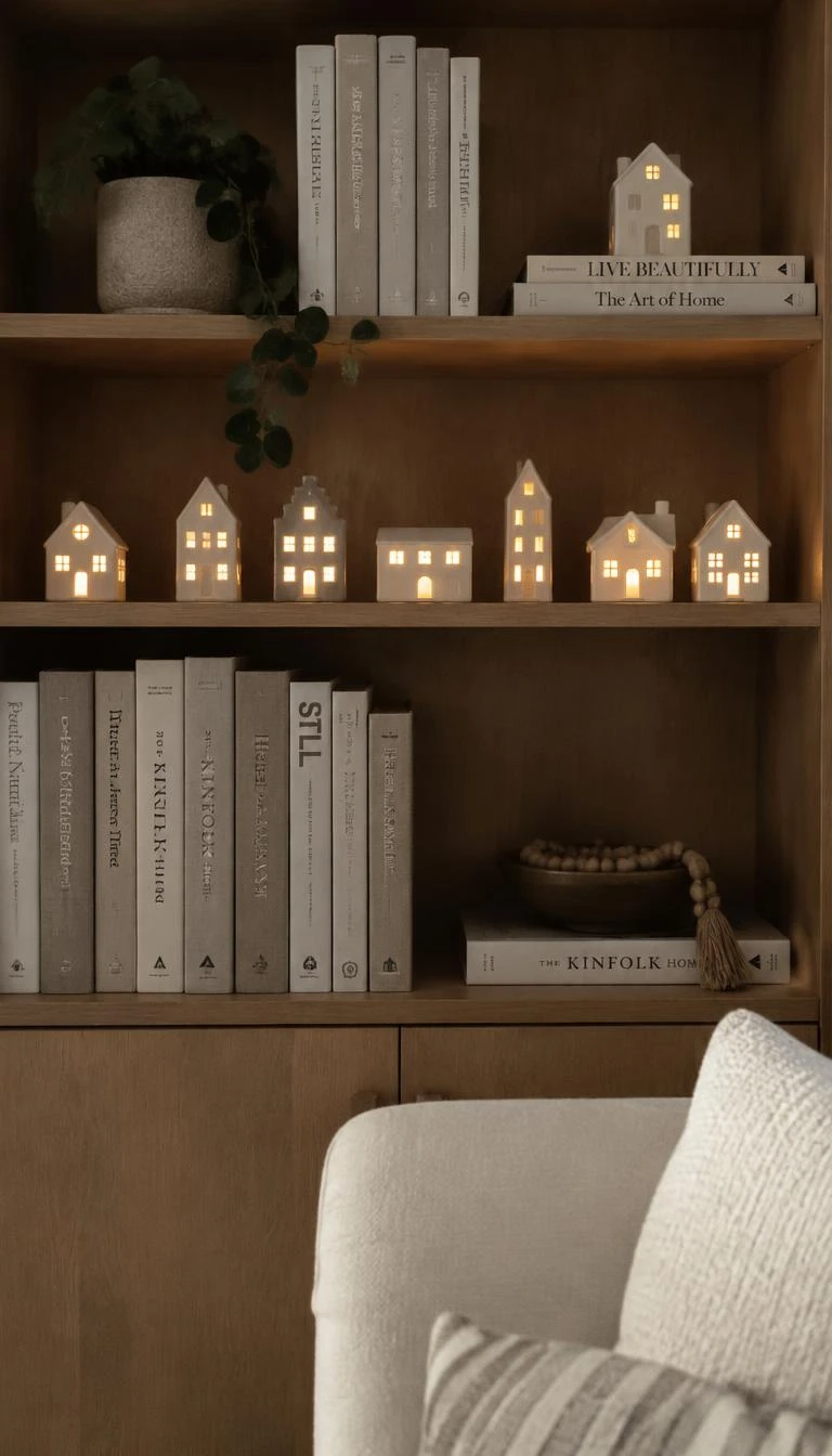Group Alabaster and Chalk Ceramic Houses on a Bookshelf A candid, realistic iPhone photograph of a living room library, showing an open oak bookshelf arranged with seven modern matte ceramic village buildings glowing from interior warm tea lights nestled between linen bound books.