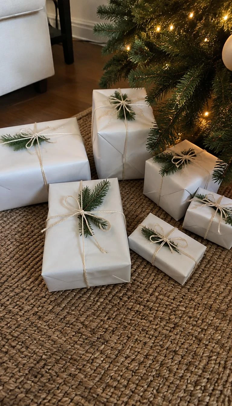 Wrap Gifts in Plain White Butcher Paper with Cotton Twine A candid, realistic iPhone photograph of a living room floor beside a tree, showing six presents wrapped in smooth matte white kraft paper tied with cream cotton string and garnished with small sprigs of cedar.