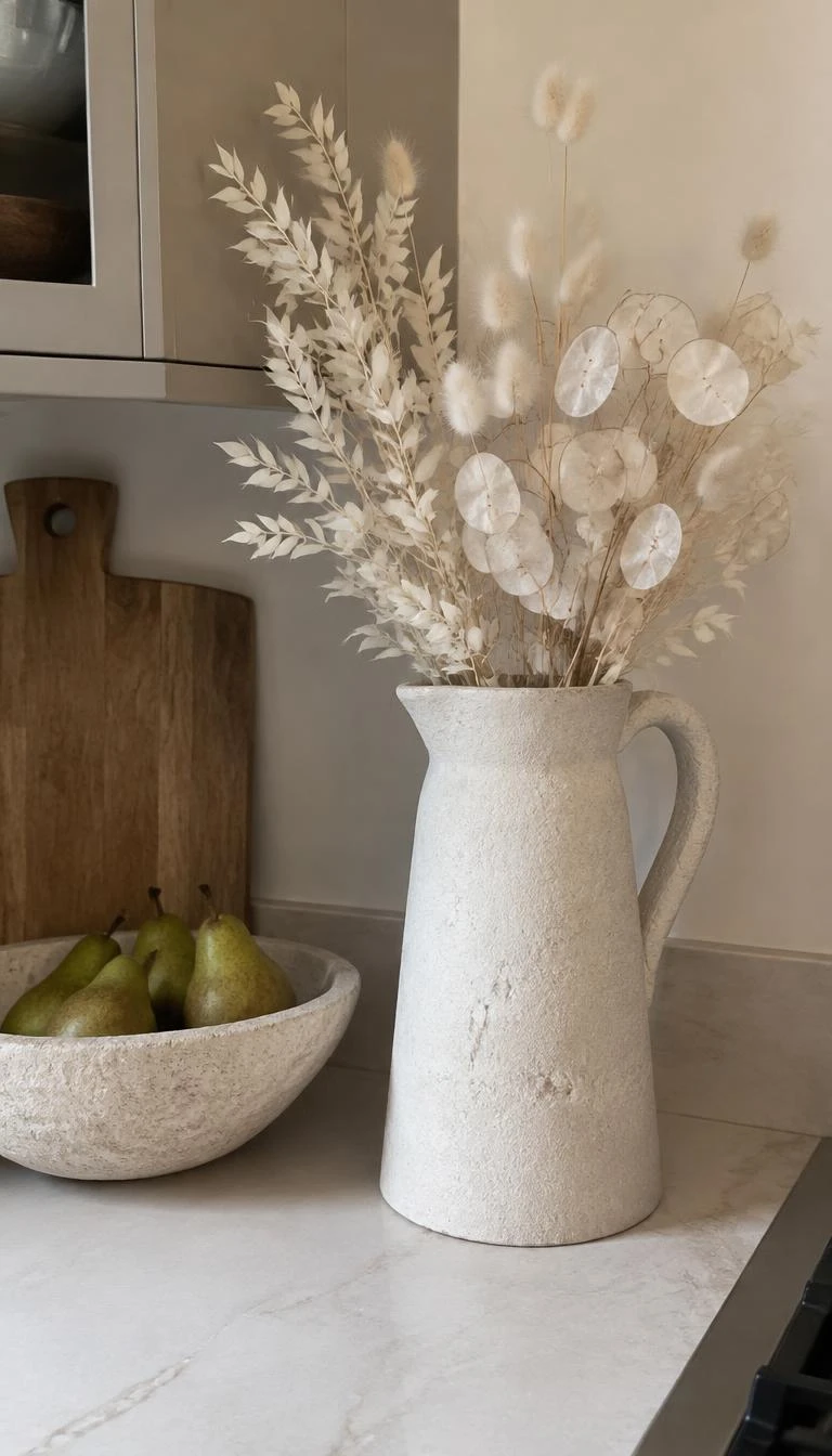 Display Bleached Botanicals in Tall Sandstone Pitchers A candid, realistic iPhone photograph of a kitchen counter, showing a tall rough white sandstone pitcher filled with dried bleached ruscus, white bunny tails, and preservation honesty money plant stems beside a bowl of green pears.