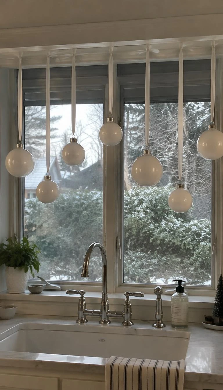 Suspend Matte Milk Glass Baubles from a Window Lintel A candid, realistic iPhone photograph of a kitchen window, showing seven smooth white milk glass baubles suspended at varying heights on thin white grosgrain ribbons above the sink.