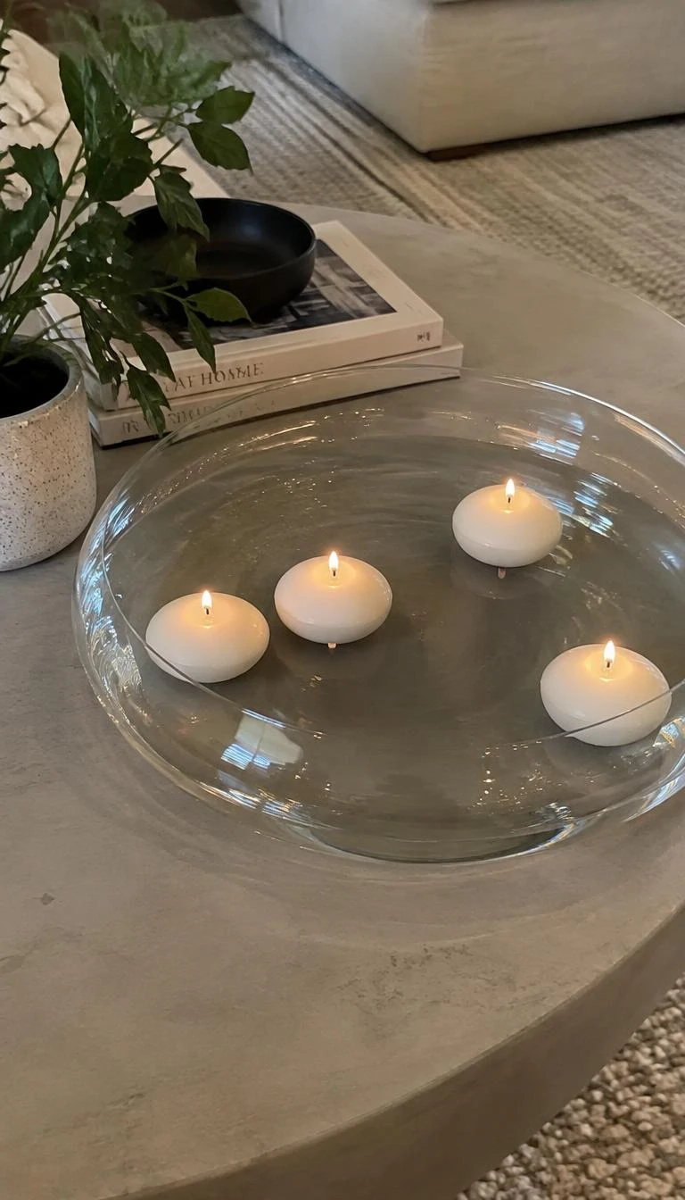 Float White Votive Candles in Shallow Clear Glass Bowls A candid, realistic iPhone photograph of a coffee table detail, showing four white wax disc candles floating in a wide shallow clear water bowl on a concrete table.