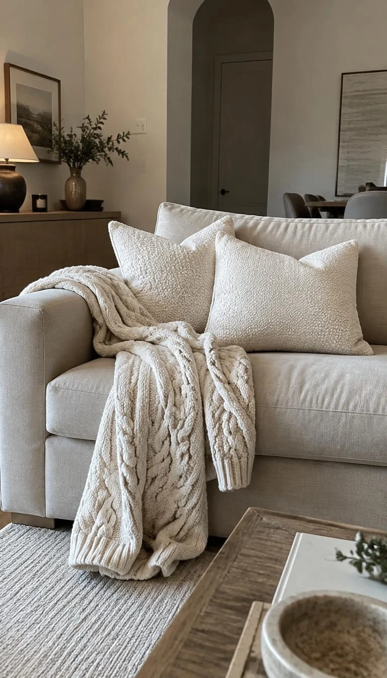 Layer Chunky Wool Throws Over Pale Neutral Seating A candid, realistic iPhone photograph of a cozy living room, showing an oatmeal linen sofa draped casually with an undyed thick cable knit wool blanket and two brushed ivory boucle accent pillows.