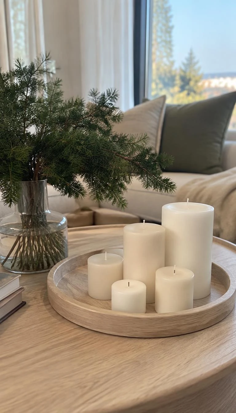Style Pure White Pillar Candles on a Bleached Wood Tray A candid, realistic iPhone photograph of a coffee table, showing five varying white unscented pillar candles grouped on a bleached round ash wood tray next to a clear glass vase of evergreen twigs.