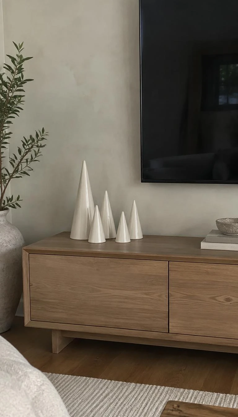 Arrange Snow Glazed Ceramic Trees on a Low Console A candid, realistic iPhone photograph of a living room media console, showing a minimalist forest of five white ceramic cone trees with satin white glaze sitting against a lime washed wall.