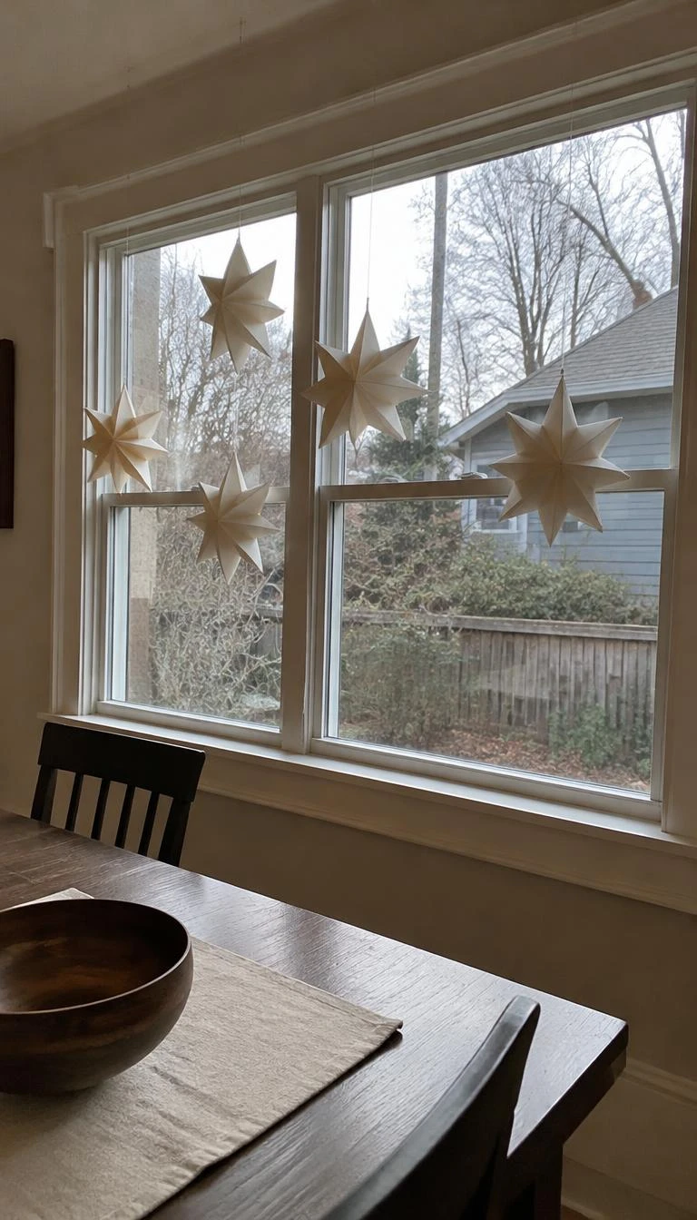 Fold Dimensional Paper Stars from Heavy Cotton Rag A candid, realistic iPhone photograph of a dining room window, showing five three-dimensional geometric folded paper stars made of thick off white cotton rag hanging at alternating heights on clear nylon thread.