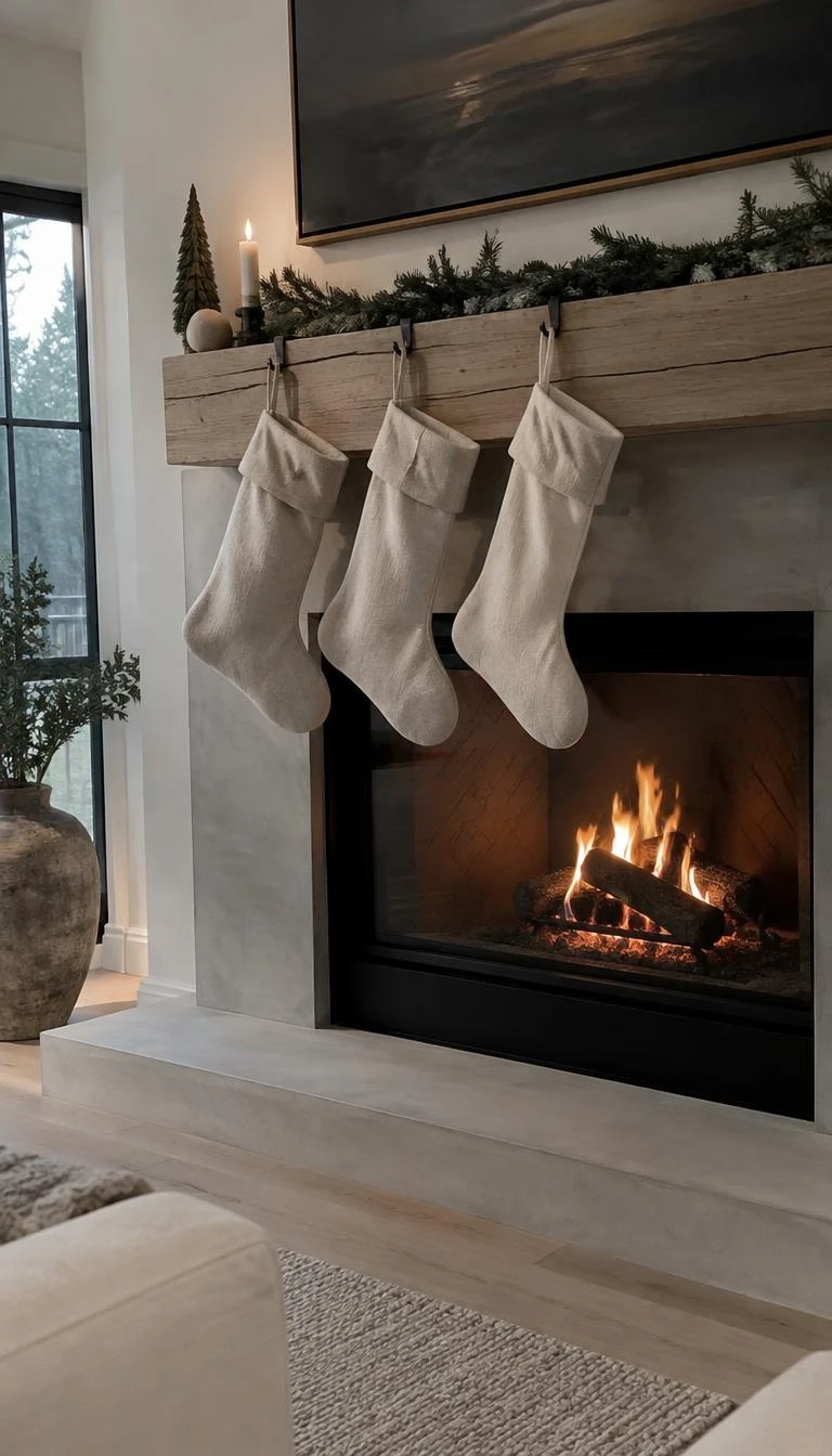 Hang Heavy White Linen Stockings on Raw Wood A candid, realistic iPhone photograph of a living room fireplace, displaying three thick off white stonewashed linen stockings hanging from simple iron hooks along a rustic white oak mantel above a gentle fire.